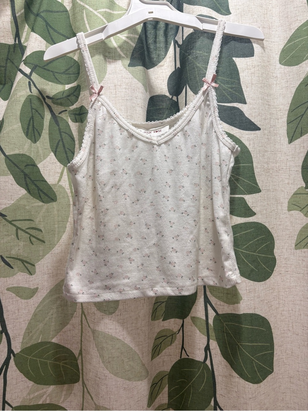 Pink Rose White Floral Print Camisole with Pink Bow Straps